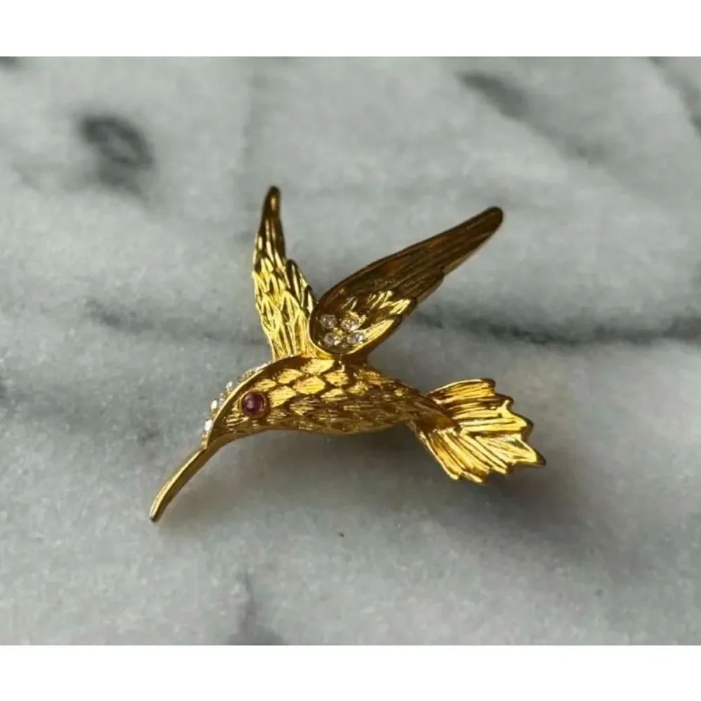 Vintage Gold Tone Hummingbird Brooches Pins Rhinestones Red Eye 1960s Lot of 2